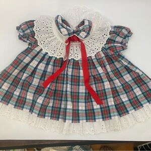 Vintage Rare Editions baby child red white plaid lace trim collar bonnet 12 mo